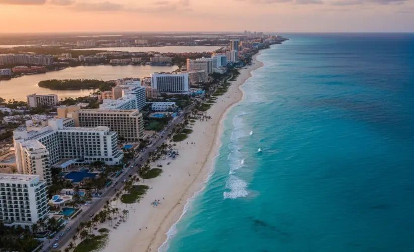 Vista aérea de la zona hotelera de Cancún en Quintana Roo con playas y hoteles frente al mar Caribe