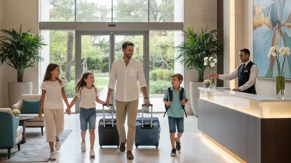 Familia llegando con maletas a un hotel moderno, lista para disfrutar sus vacaciones.