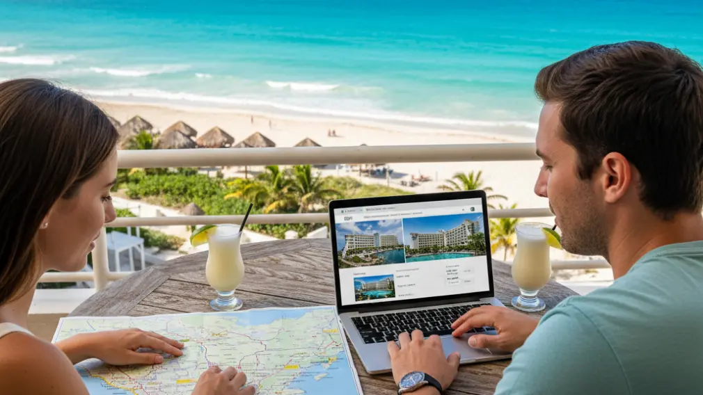 Viajero reservando hotel en línea durante temporada alta, con maletas y calendario.