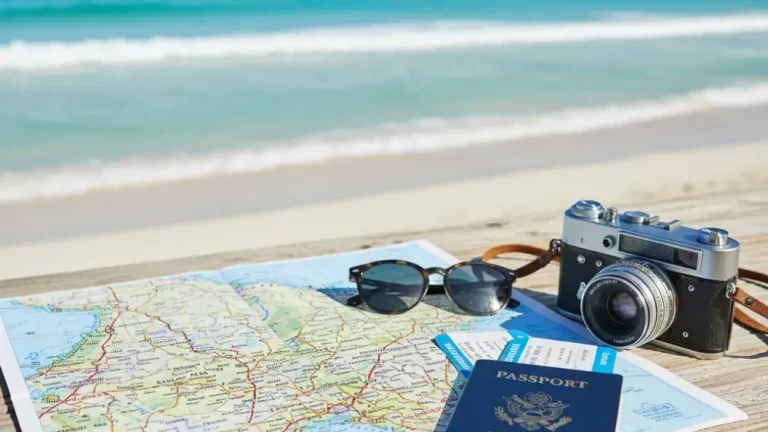 Mapa y accesorios de viaje para planear una estancia en la Riviera Maya.