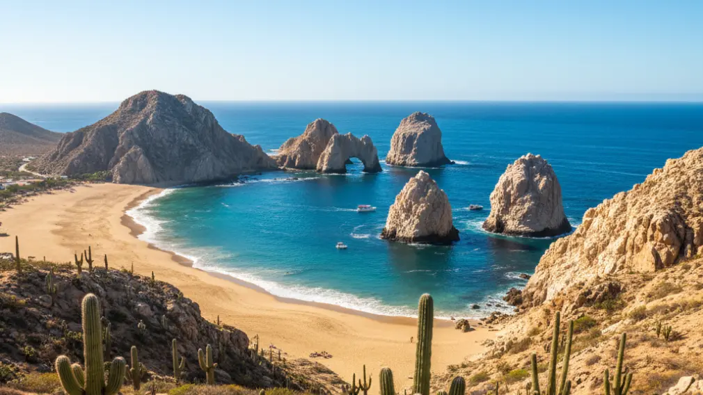 Vista panorámica de Los Cabos con playas, mar azul y formaciones rocosas icónicas