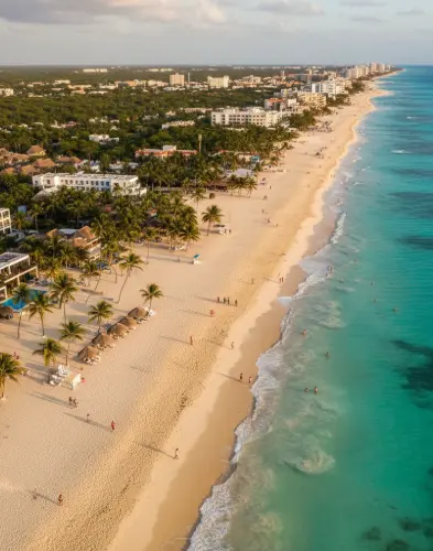 Playa del Carmen en Quintana Roo con arena dorada, mar turquesa y palmeras en un entorno caribeño